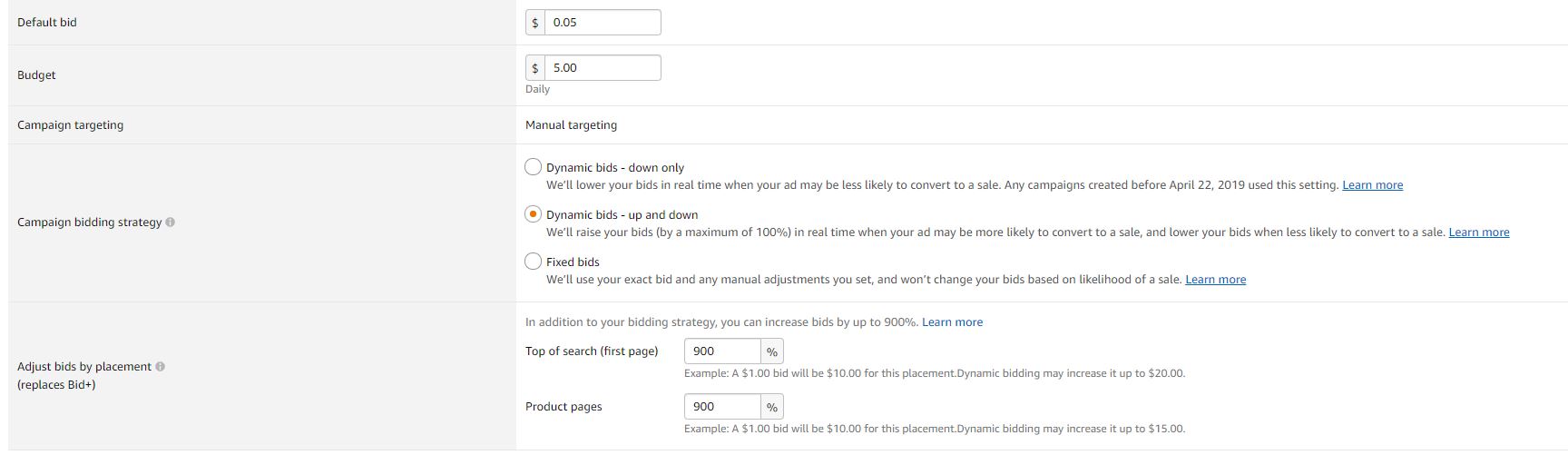 Advertising Dashboard bid settings