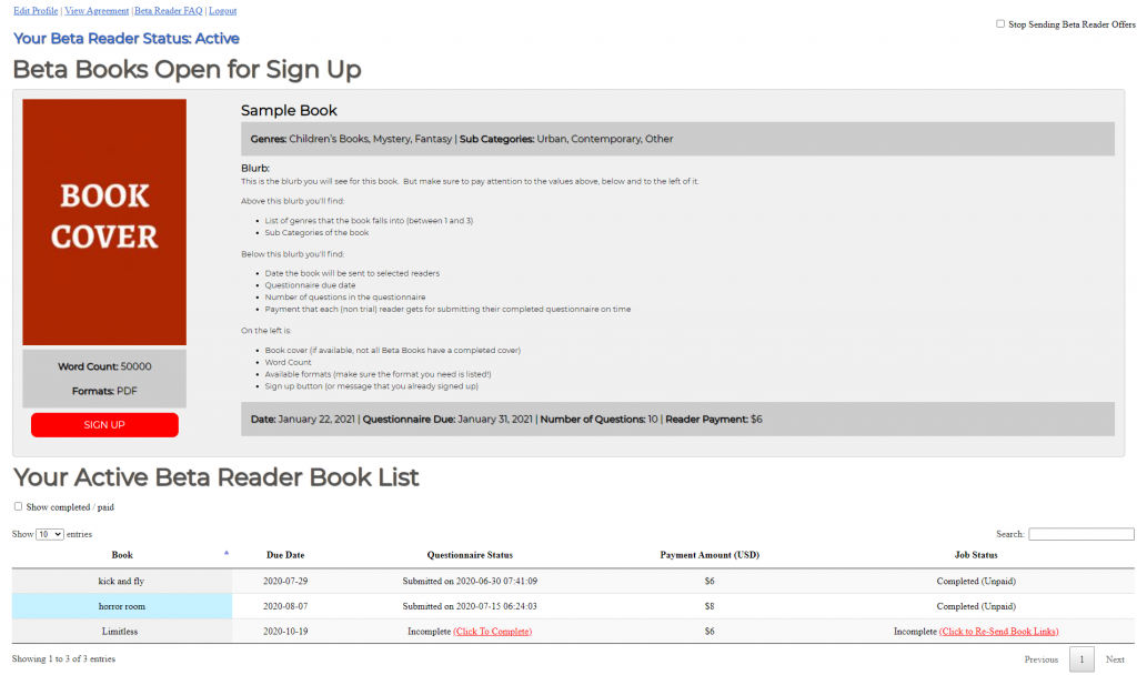 Beta Reader Dashboard